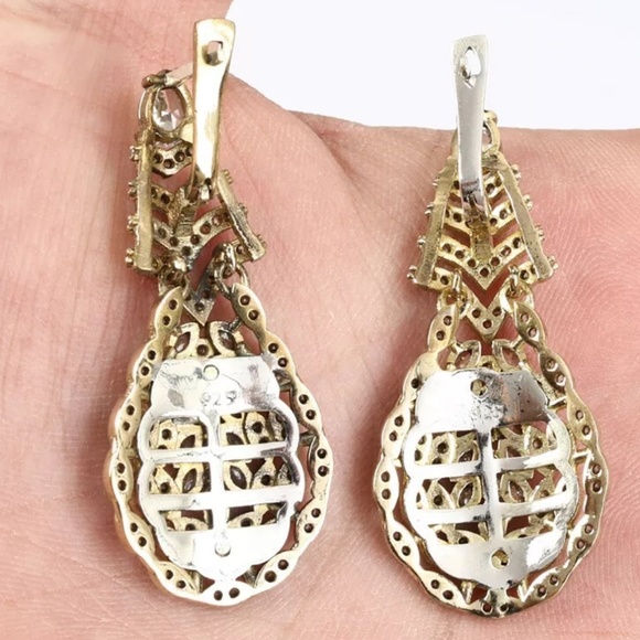 White Topaz silver, bronze & gold Chevron earrings